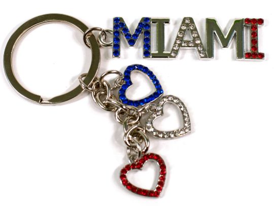 Miami Font and Hearts Rhinestone Keychain Fill with Blue/Red/White Crystal Stones - Miami Key Ring Travel Souvenir Gift- Multicolor 3