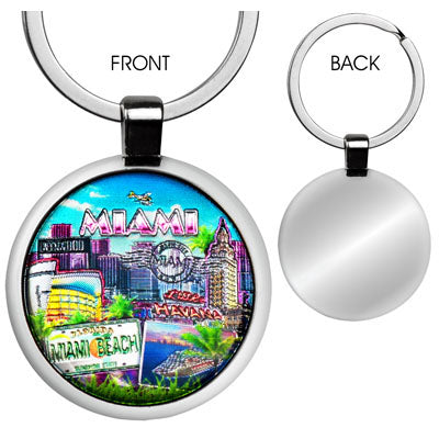 Miami/Florida Skyline Metal Round Key Chain Ring, Travel Souvenir Gift- Multicolor, 1.25 x 1.25 (1pcs) Miami Skyline Metal Round Key Chain Ring