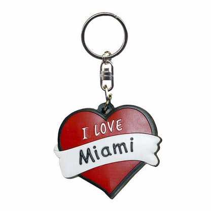 Rubber Keychain, I LOVE MIAMI with Heart Shape - Travel Souvenir Gift Rubber Key Tag