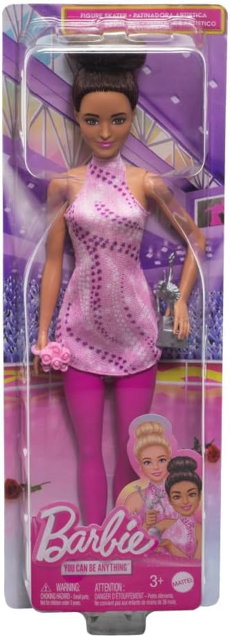 Barbie Careers Fashion Doll & Accessories, Brunette Ice Skater in Removable Pink Outfit with Ice Skates & Trophy