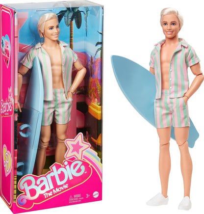 Barbie The Movie Ken Doll, Collectible Wearing Pastel Pink & Green Striped Beach Matching Set with Surfboard & White Sneakers