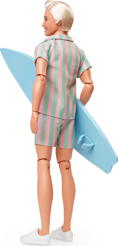 Barbie The Movie Ken Doll, Collectible Wearing Pastel Pink & Green Striped Beach Matching Set with Surfboard & White Sneakers