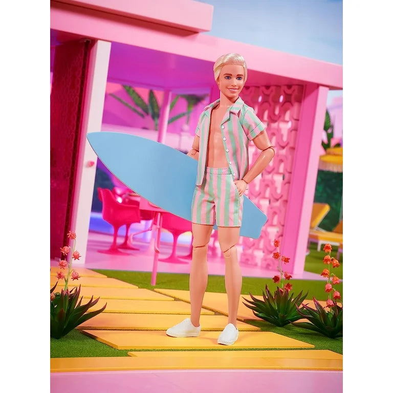 Barbie The Movie Ken Doll, Collectible Wearing Pastel Pink & Green Striped Beach Matching Set with Surfboard & White Sneakers