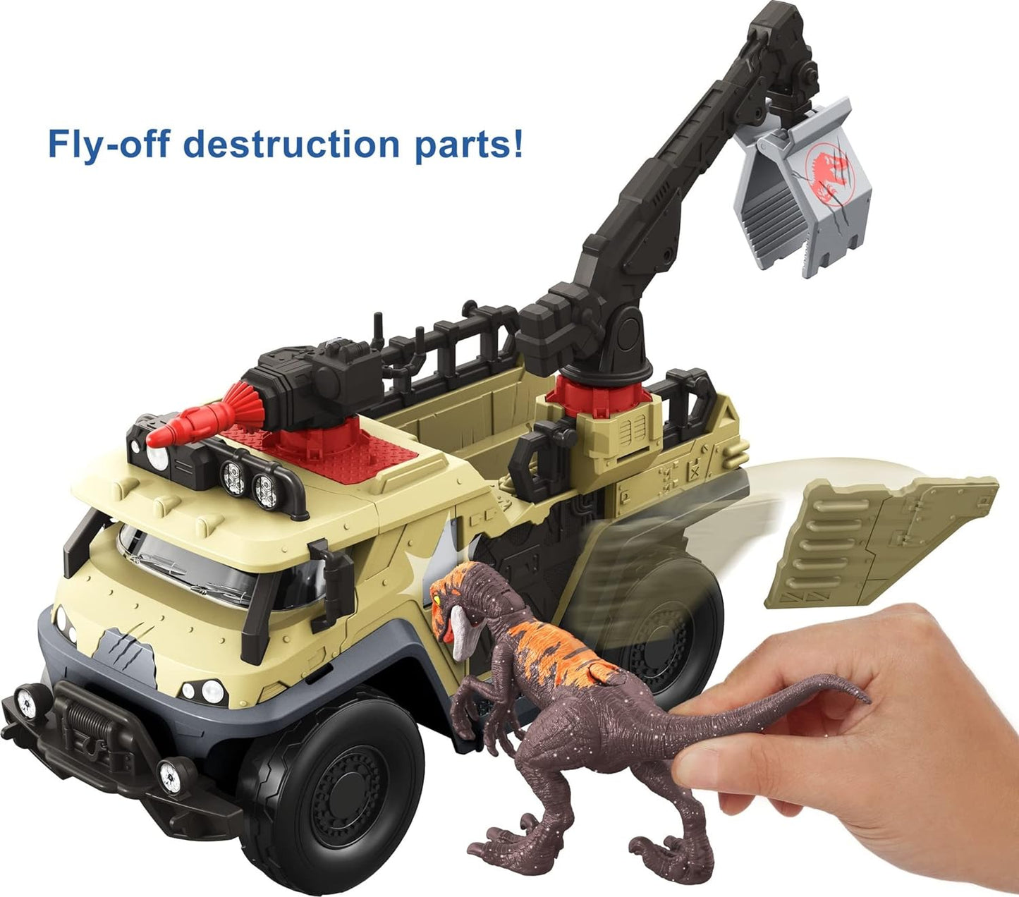 Jurassic World Toys Dominion Capture & Crush Truck with Velociraptor, Vehicle Toy with Tranq Shooter, Crane & 2 Breakaways, Large