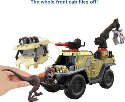 Jurassic World Toys Dominion Capture & Crush Truck with Velociraptor, Vehicle Toy with Tranq Shooter, Crane & 2 Breakaways, Large