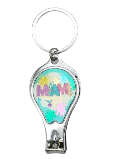 Miami Nail Clipper Metal Keychain Feature Palm Tress Art Design - Travel Souvenir Gift, Multicolor