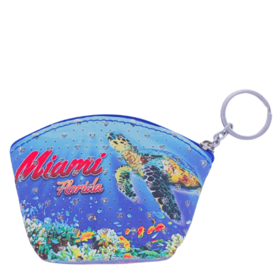 Miami Florida Boutique Small Zip Pouch Purse Bag with Crystal Hearts Shape and Sea Turtle Theme for Kids, Adult Coin Bag