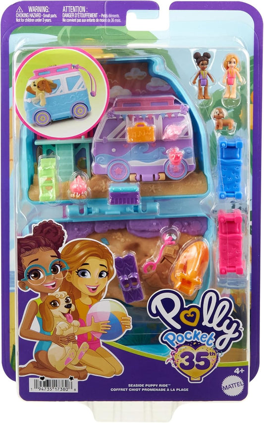 Polly Pocket Dolls & Playset, Seaside Puppy Ride Compact with 11 Accessories, Travel Toy with Fidget Exterior