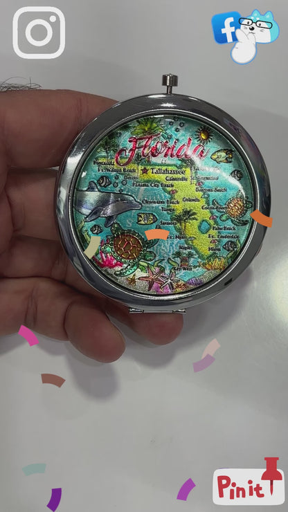 Florida Pocket Mirror on the go Feature Florida Map and sea animals - Miami Beauty Accessories, 2.5" Multicolor