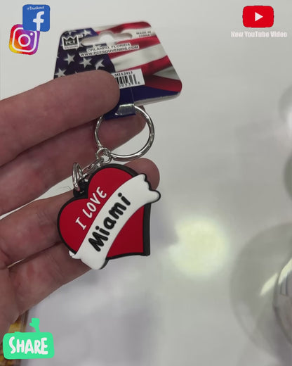 Rubber Keychain, I LOVE MIAMI with Heart Shape - Travel Souvenir Gift Rubber Key Tag