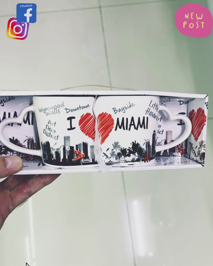 Miami Porcelain Mug in a Gift Box, I Love Miami Heart Shape & View of Miami