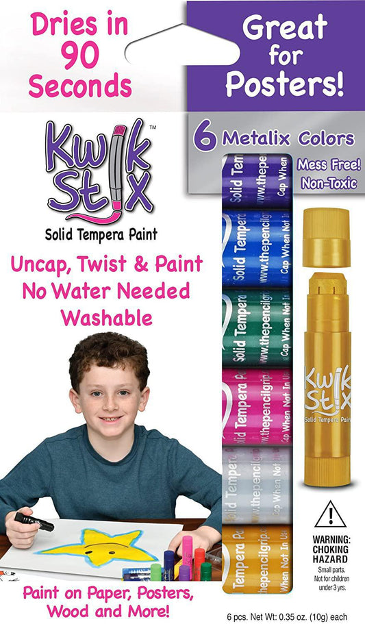 The Pencil Grip Kwik Stix METALIX Solid Tempera Paint, Super Quick Drying, 6 Pack (TPG-613),Gold,Silver,Pink,Green,Blue,Purple