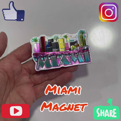 Miami Skyline Rectangle Multi-Color Metal Magnet, Souvenir Gift - Fridge & Home Magnet 5 inches (1Pcs)