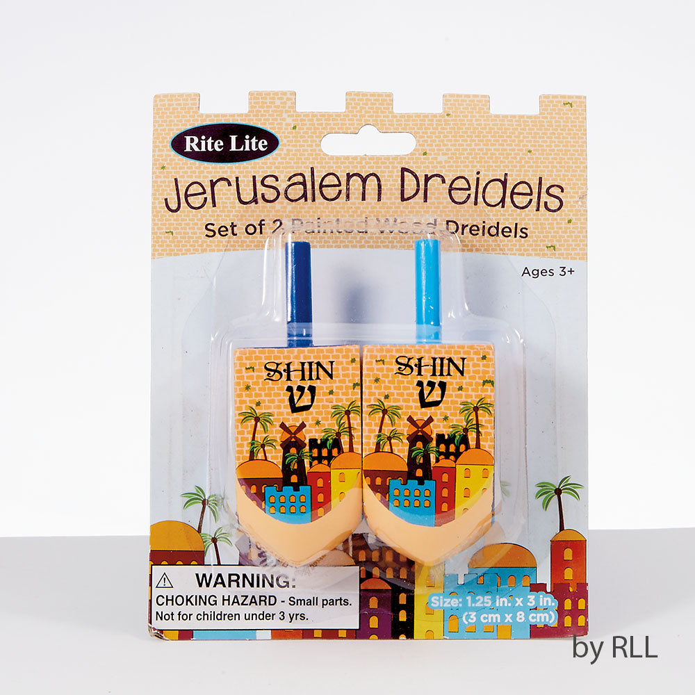 2 Jerusalem Painted Wood Dreidels -Great Jewish Kids Gift For Hanukkah