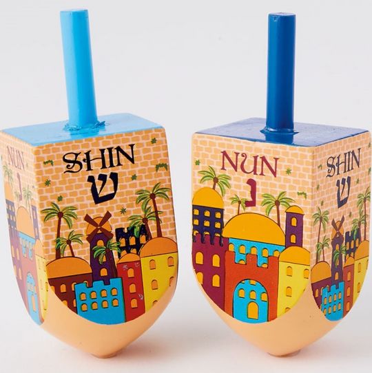 2 Jerusalem Painted Wood Dreidels -Great Jewish Kids Gift For Hanukkah