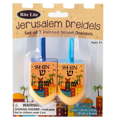 2 Jerusalem Painted Wood Dreidels -Great Jewish Kids Gift For Hanukkah