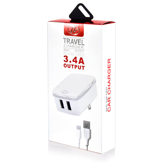 2in1 Universal Dual Port Travel Charger 3.4A Lightning  (White or Black)