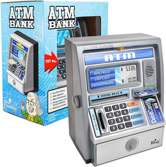 Kids Talking ATM Machine Savings Piggy Bank with Digital Screen, Electronic Calculator That Counts Real Money, and Safe Box for Kids, Silver