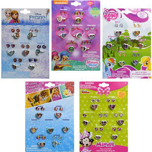 Days Of The Week Accessory Set Sticker Earrings & Rings Set - My Little Pony, Shimmer & Shine, Princess, Frozen 2, Minnie