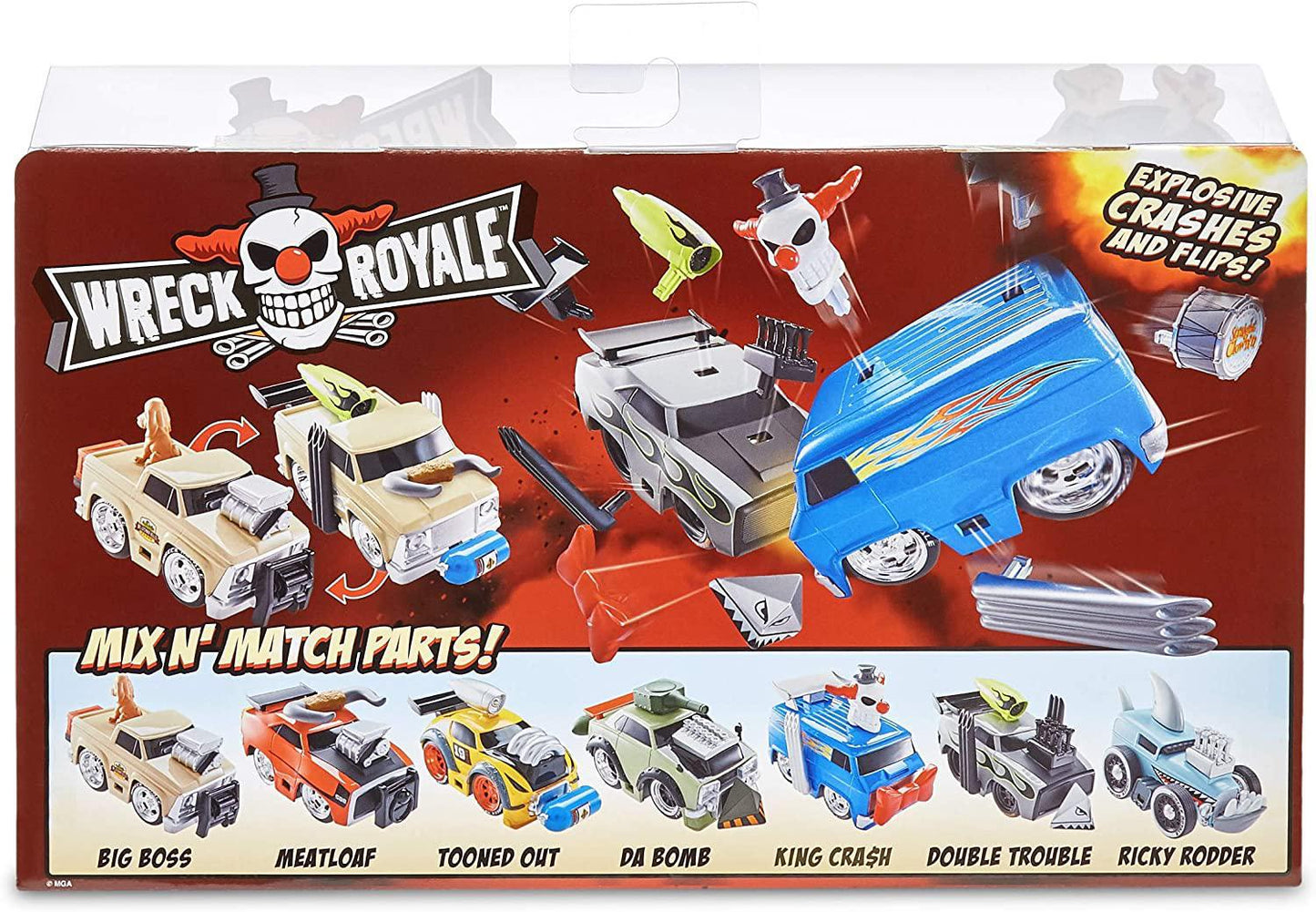 MGA Wreck Royale Exploding Crashing, 2 Pack Double Trouble Vs. King Crash Race Cars with 12 Mix 'N Match Explosive Parts