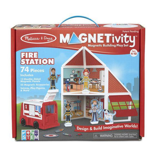 Melissa & Doug Magnetivity Magnetic Tiles Building Play Set – Fire Station with Fire Truck Vehicle (74 Pieces, STEAM Toy)