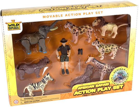 Wild Republic Movable Set Safari, Elephant, Rhinoceros, Zebra, Leopard, Lion, Cheetah, Giraffe, Hippopotamus, Game Warden, Binoculars, Machete