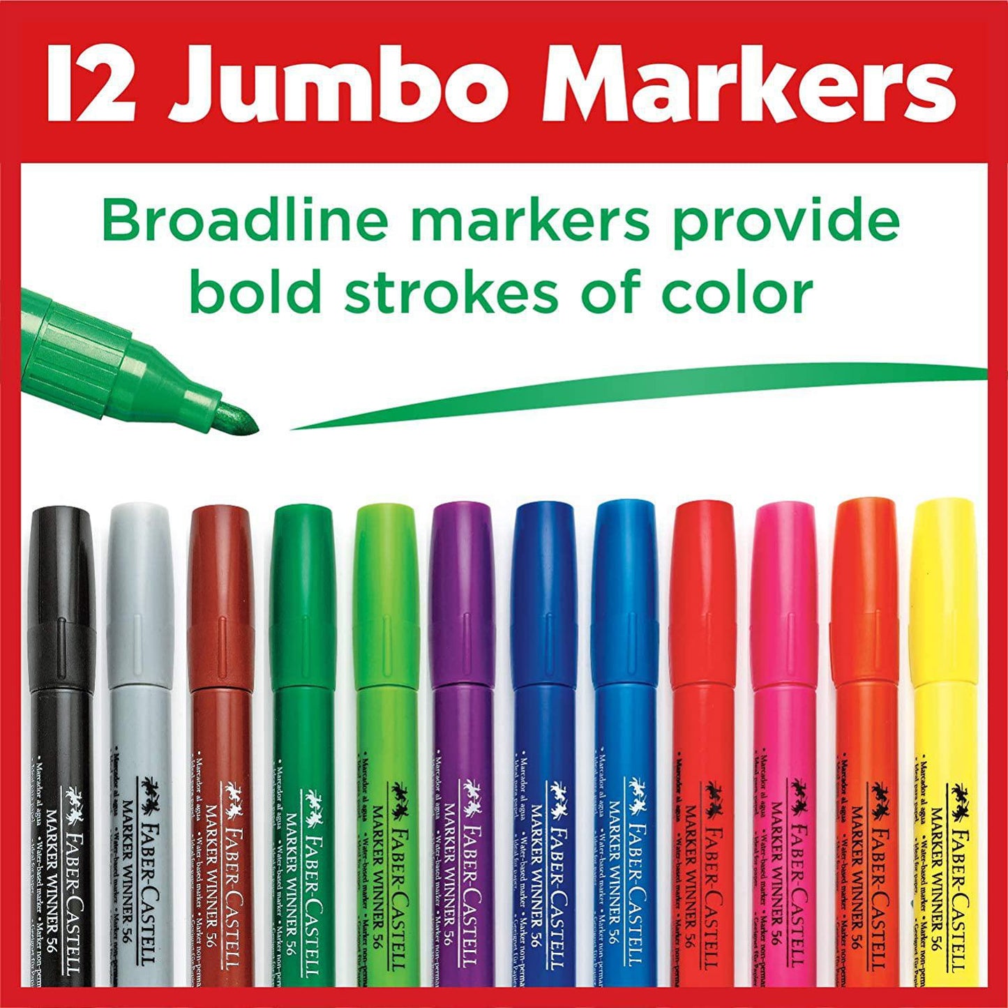 Faber-Castell Jumbo Broad Line Markers - 12 Colored Markers - Non-Toxi –