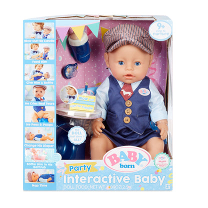 BABY born Interactive Boy Baby Doll Party Theme – Blue Eyes with 9 Ways to Nurture (Eats, Drinks, Cries, Sleeps, Bathes, and Wets)