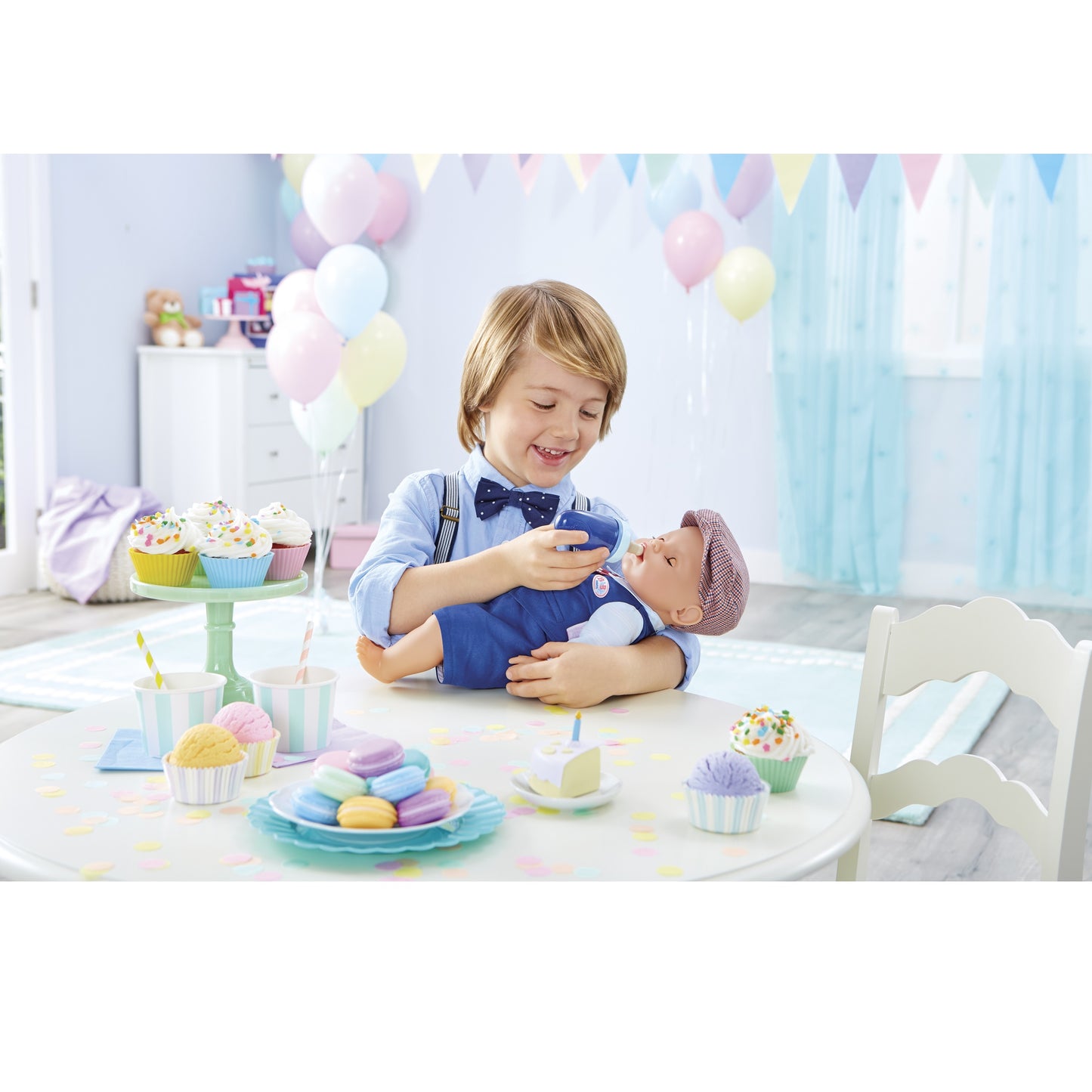 BABY born Interactive Boy Baby Doll Party Theme – Blue Eyes with 9 Ways to Nurture (Eats, Drinks, Cries, Sleeps, Bathes, and Wets)