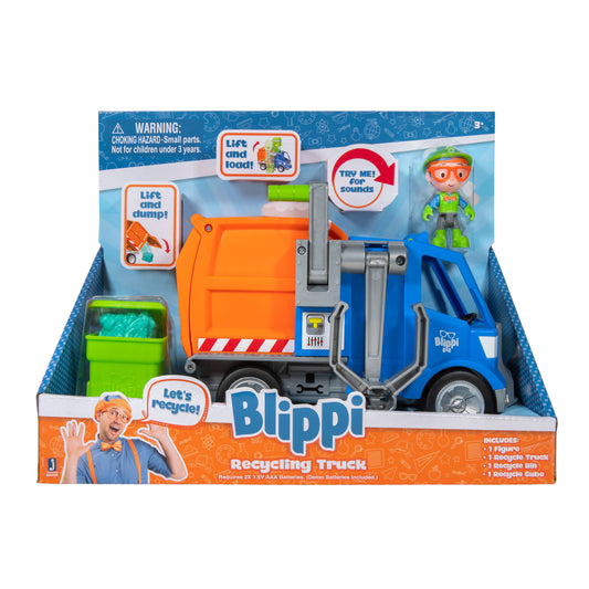 Blippi Recycling Truck - Includes Character Toy Figure, Working Lever, 1 Trash Cubes, 1 Recycling Bins - Sing Along with Popular Catchphrases