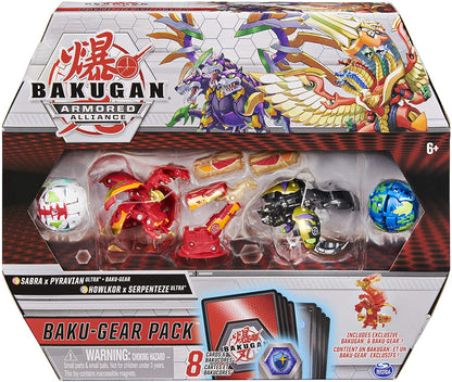 Bakugan Baku-Gear 4-Pack, Fused Sabra x Pyravian Ultra with Baku-Gear and Howlkor x Serpenteze Ultra Collectible Action Figures