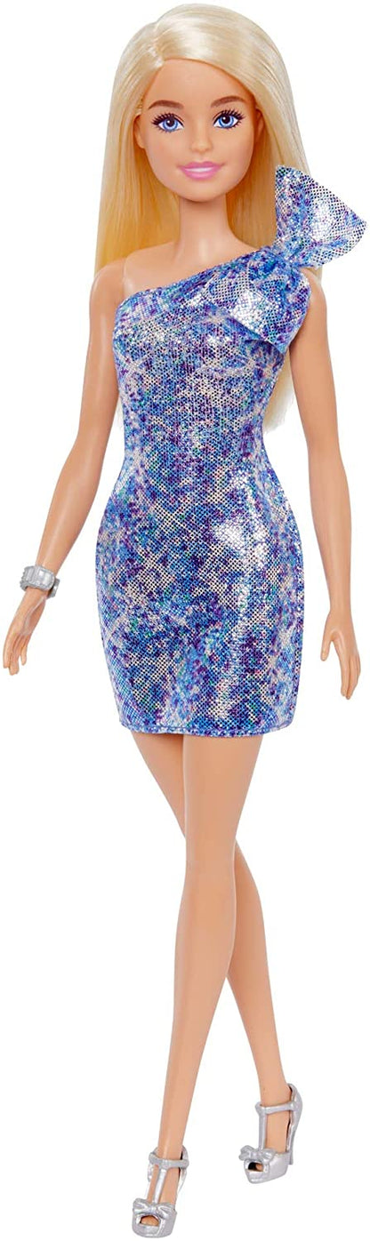 Barbie Blonde Hair Blue Eyes with Short Blue Sequins Mini Dress and Silver Platform Shoes