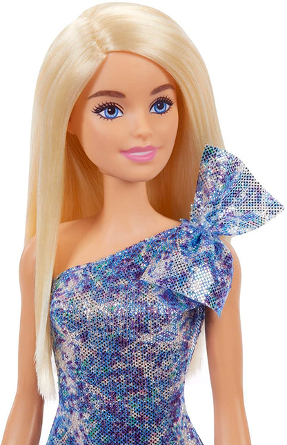 Barbie Blonde Hair Blue Eyes with Short Blue Sequins Mini Dress and Silver Platform Shoes