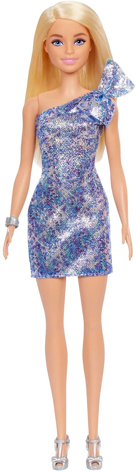 Barbie Blonde Hair Blue Eyes with Short Blue Sequins Mini Dress and Silver Platform Shoes