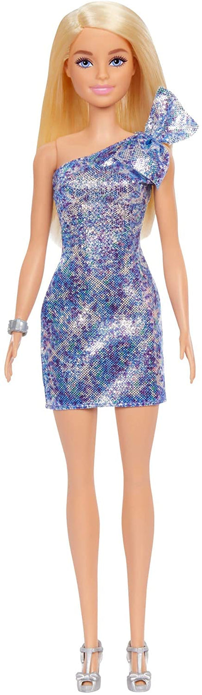 Barbie Blonde Hair Blue Eyes with Short Blue Sequins Mini Dress and Silver Platform Shoes