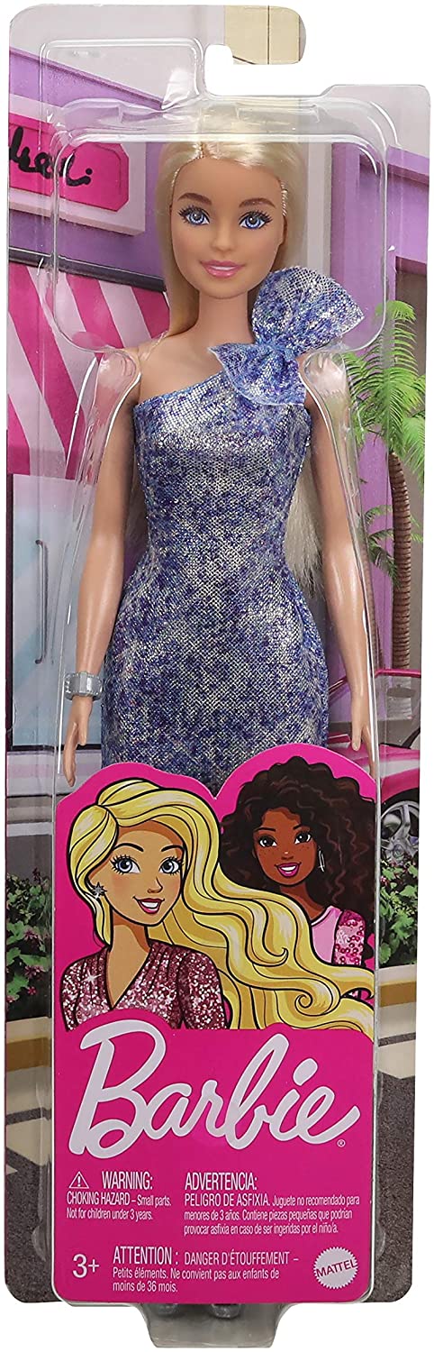 Barbie Blonde Hair Blue Eyes with Short Blue Sequins Mini Dress and Silver Platform Shoes