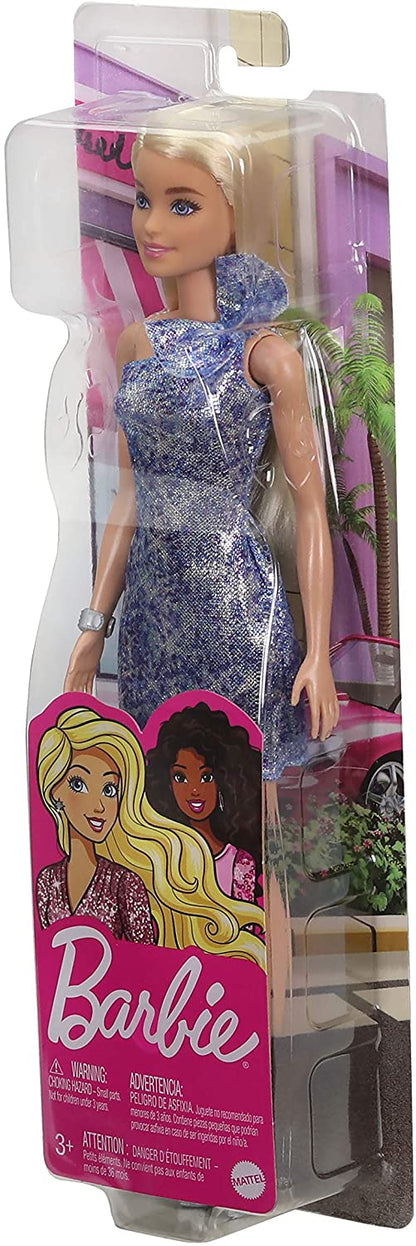 Barbie Blonde Hair Blue Eyes with Short Blue Sequins Mini Dress and Silver Platform Shoes