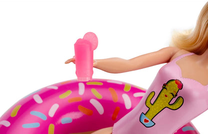 Barbie Doll with Donut Shaped Inflatable Toy & Lemonade Maker - Barbie Pool Party Set