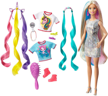 Barbie Fantasy Hair Doll, Blonde, with 2 Decorated Crowns, 2 Tops & Accessories for Mermaid and Unicorn Looks, Plus Hairstyling Pieces