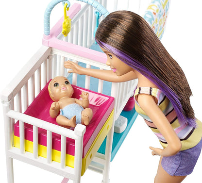 Barbie Nursery Playset with Skipper Babysitters Doll, 2 Baby Dolls, Crib and 10+ Pieces of Working Baby Gear and Themed Toys