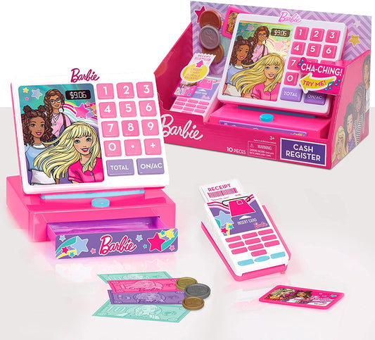 Barbie Trendy Cash Register with Sounds, Pretend Money, and Credit Card Reader, 9 Piece Playset, by Just Play