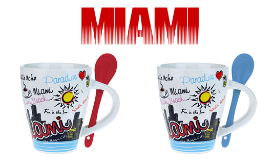 Best Of Miami Skyline Mix Font Coffee/Tea Mug Plus Spoon - White Hand Painted, Mia FL Coffee Mugs, Miami Florida, 10 Oz (1 Pcs)