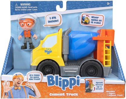 Blippi Cement Truck - Mini Vehicle with Freewheeling Features Including 2” Character Toy Figure Construction Worker