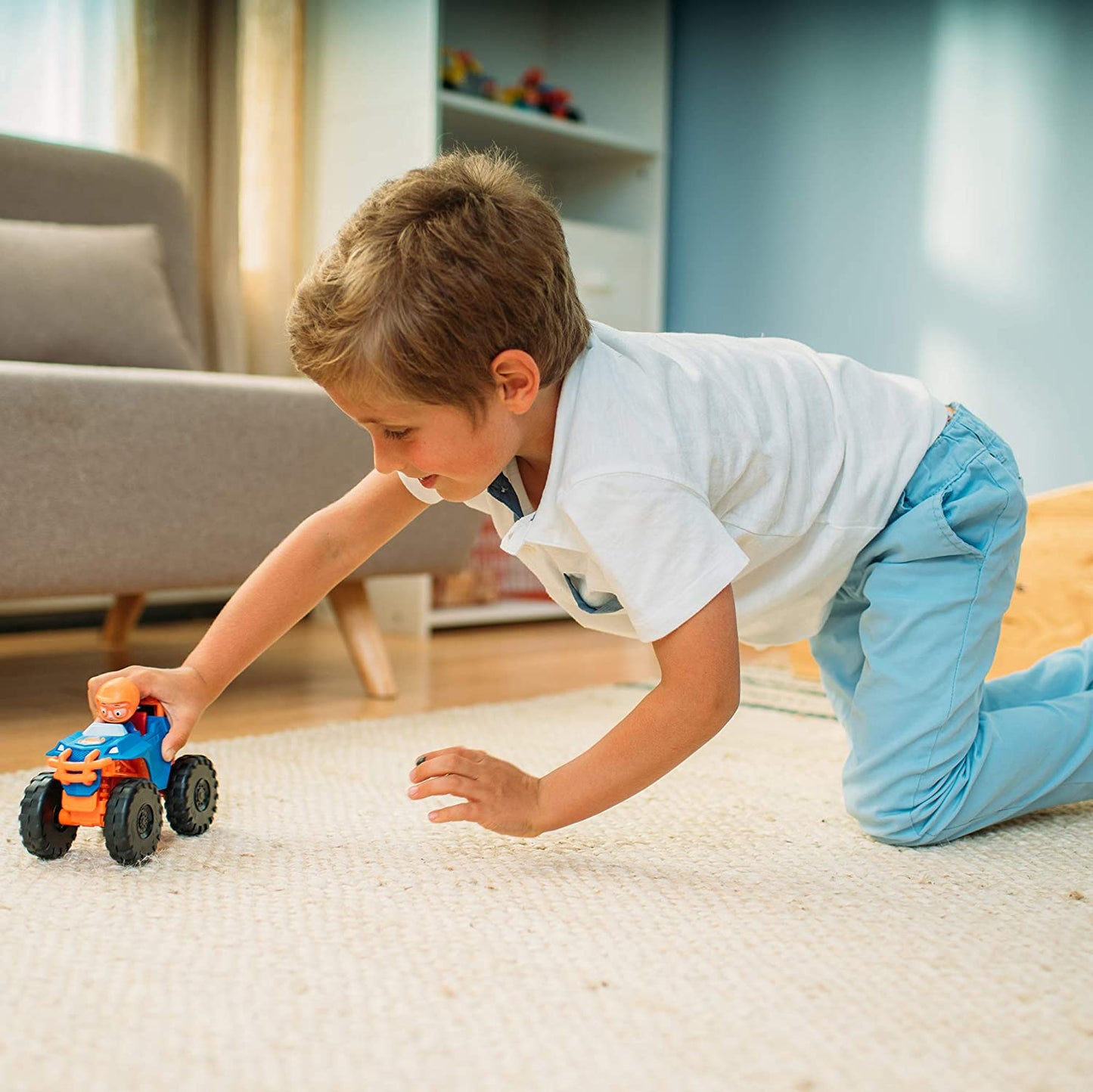 Blippi Monster Truck Mobile - Mini Vehicle with Freewheeling Features Including 2” Character Toy Figure and Cool Hydraulics