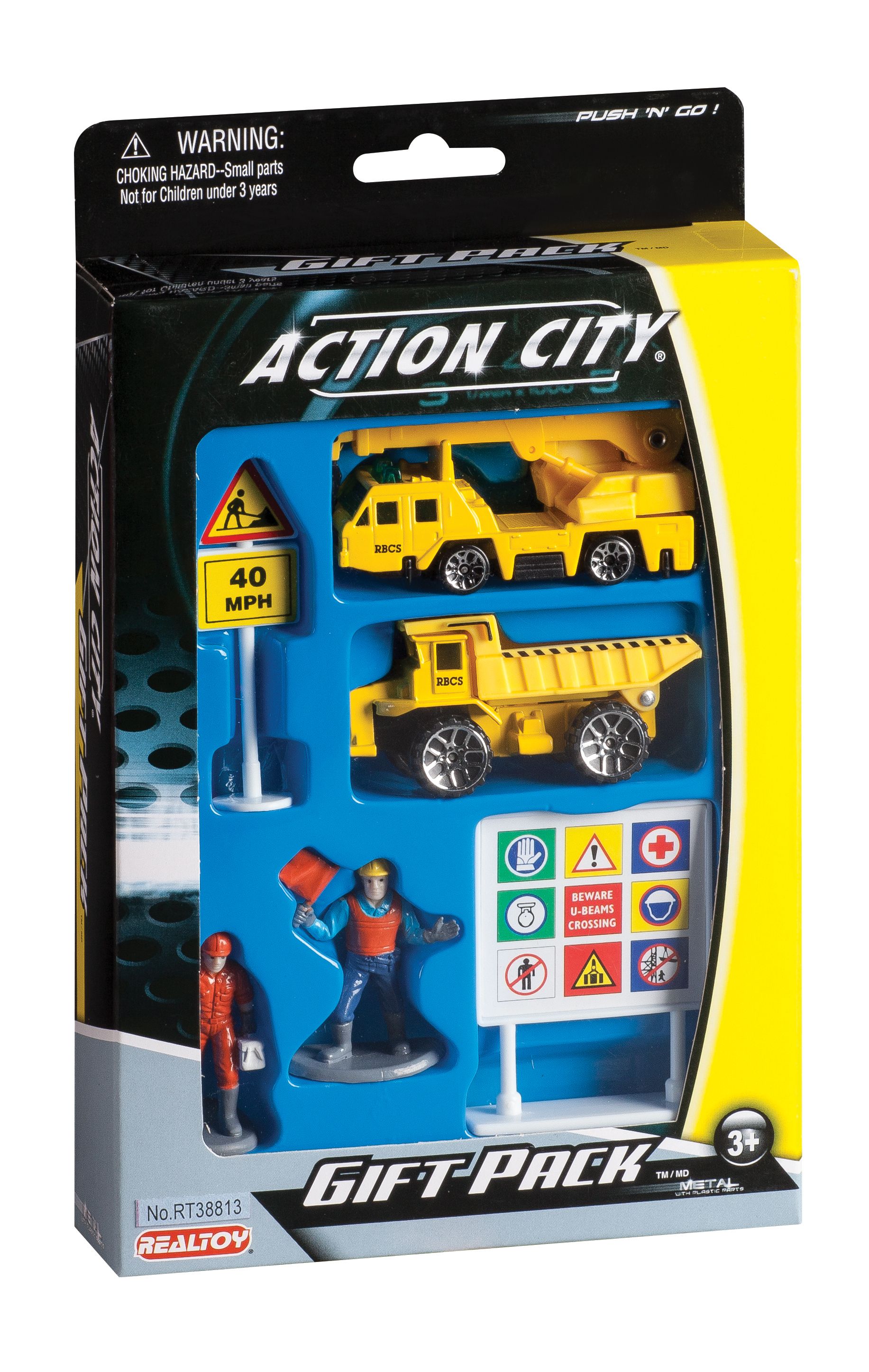 Two Die Cast Metal Construction Vehicle With Work Figures, Road Sign, Call  box and Gift Pack 6 Pieces