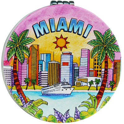 Circle Miami Pocket Mirror on the go Feature Miami Skyline - Miami Beauty Souvenir, 2.5" Multicolor