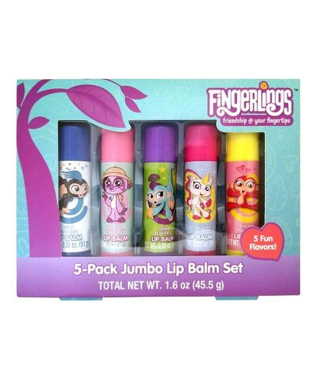 Fingerlings 5 Pack Jumbo Lip Balm Set Moisturizing Fun Cherry, Cotton , Grape, Strawberry and Berry Flavors