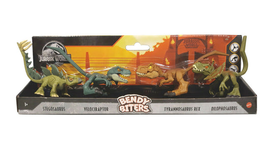 Jurassic World Dinosaurs Bendy Biters Set of 4 Dinosaurs: Stegosaurus, Velociraptor, Tyrannosaurus Rex, Dilophosaurus