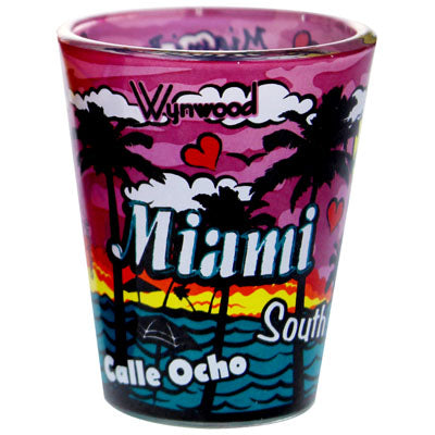 MIAMI Palm Silhouette Scene Wrap Around Shot Glass Colorful Print Souvenir Gift for Miami Fan (1 Random Color Pick)