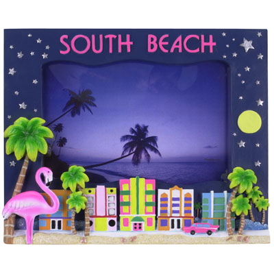 Miami South Beach Sunset and Flamingo Resin Picture Frame - 6 x 4 Inches Sculptural Photo Holder Art Handcrafted